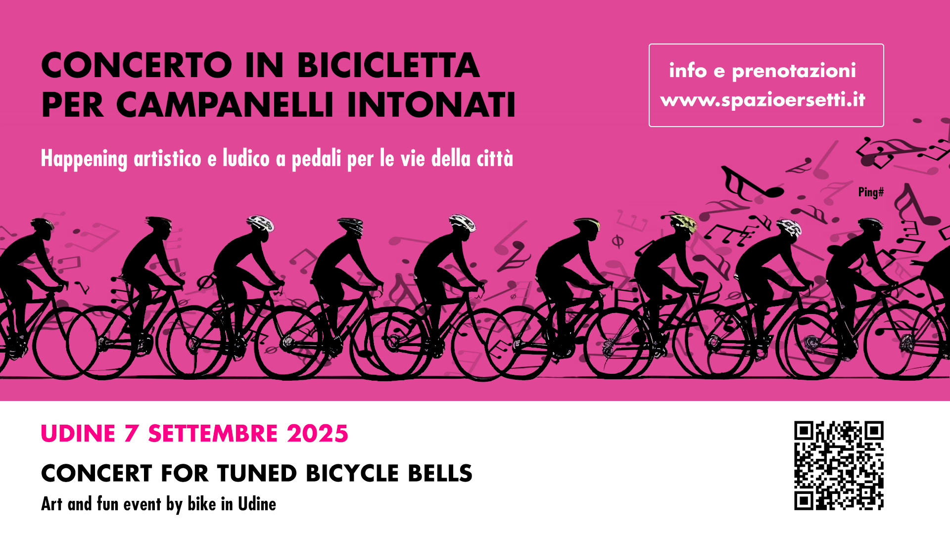 flyer del concerto per campanelli di bicicletta accordati, orari e qr code